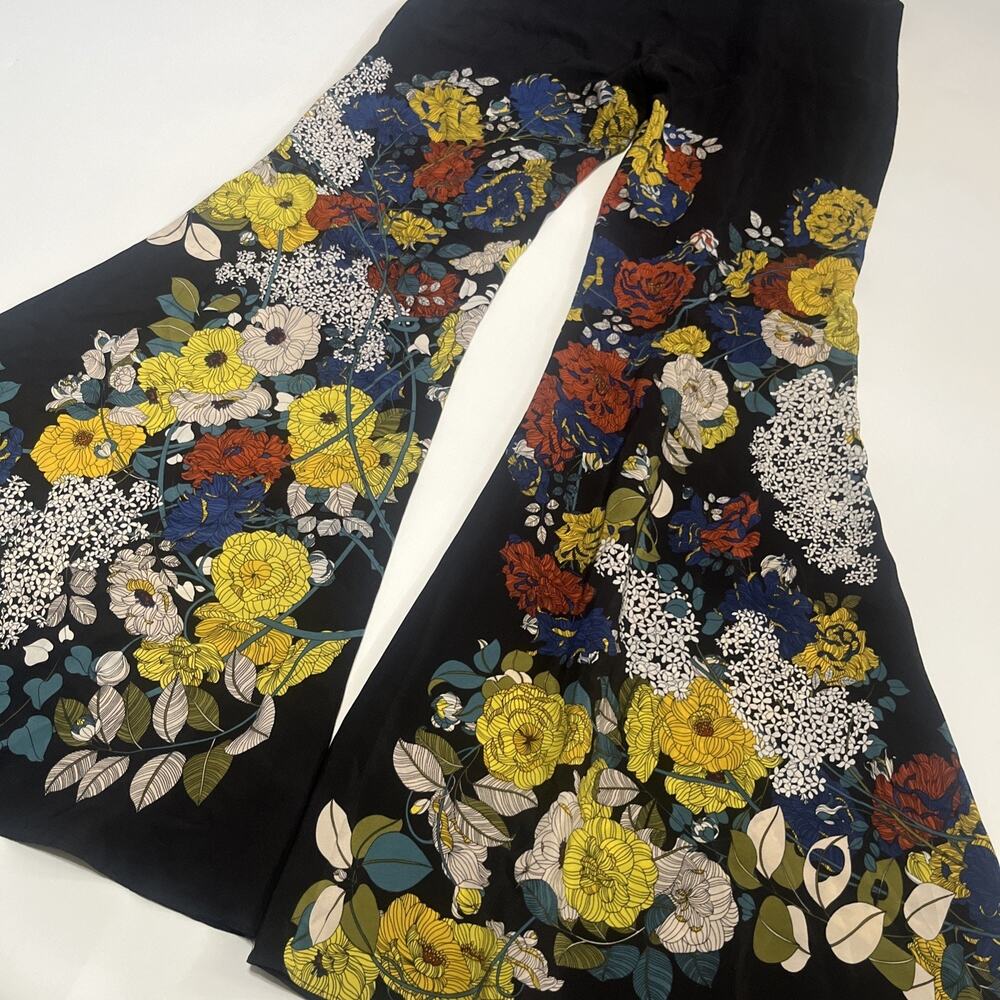 Sz 1 Sandro Paris Women's Bell Bottoms Flared Printed 100% Silk Floral Pants - Picture 15 of 15